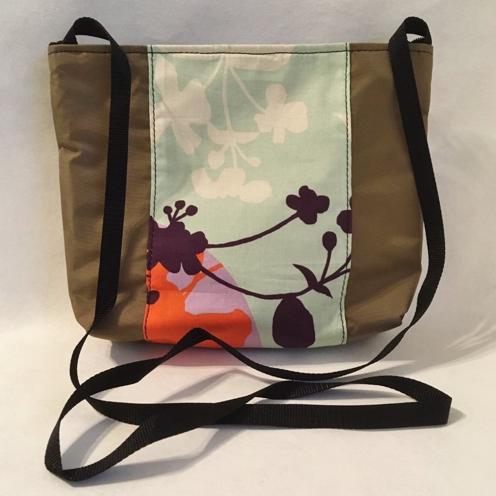 Floral Cross Body Purse Shoulder Bag Green Nylon Cotton Fabric Handmade New Gift